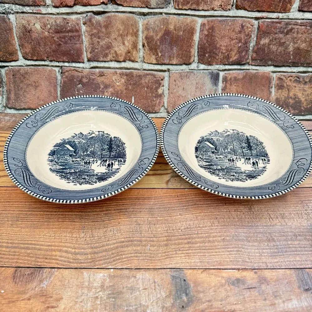 Currier Ives Early Winter Cereal Soup Bowls Set of 2 Royal China Blue White READ